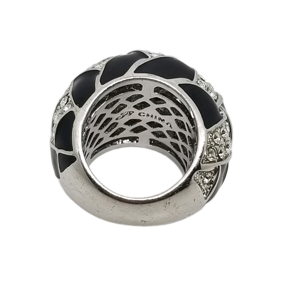 JOAN BOYCE DESIGNER 1980S SILVERTONE, BLACK & CRYSTAL BASKETWEAVE DESIGN RING - Picture 4 of 5